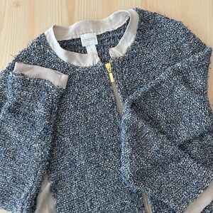 Chico's Blue Metallic Linen Blend‎ Knit Gold Zip Front Jacket Sz 1 Career Casual